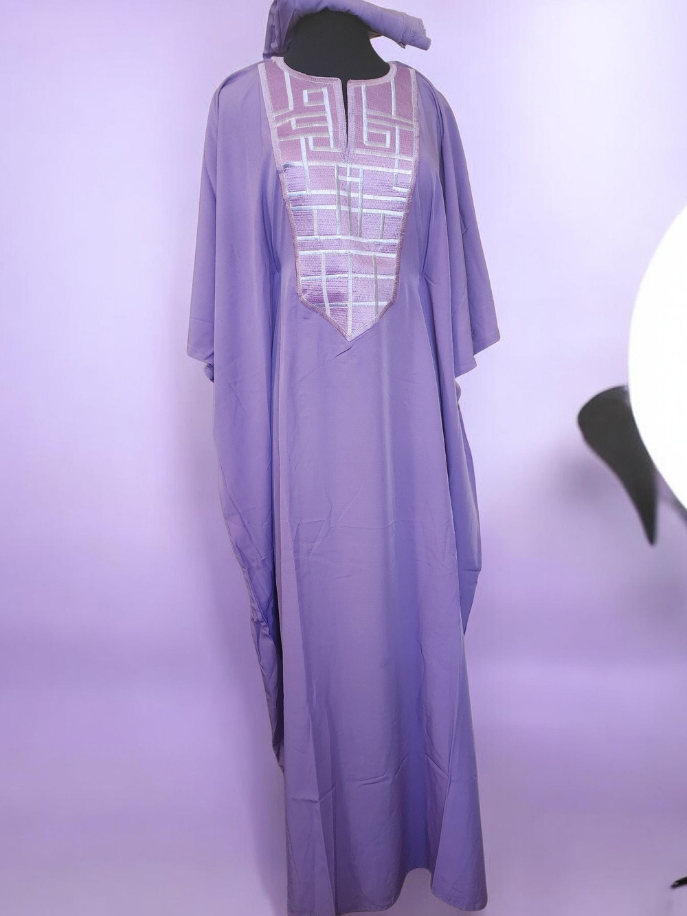 Lavender Women’s Caftan Dress with Geometric Embroidered Yoke